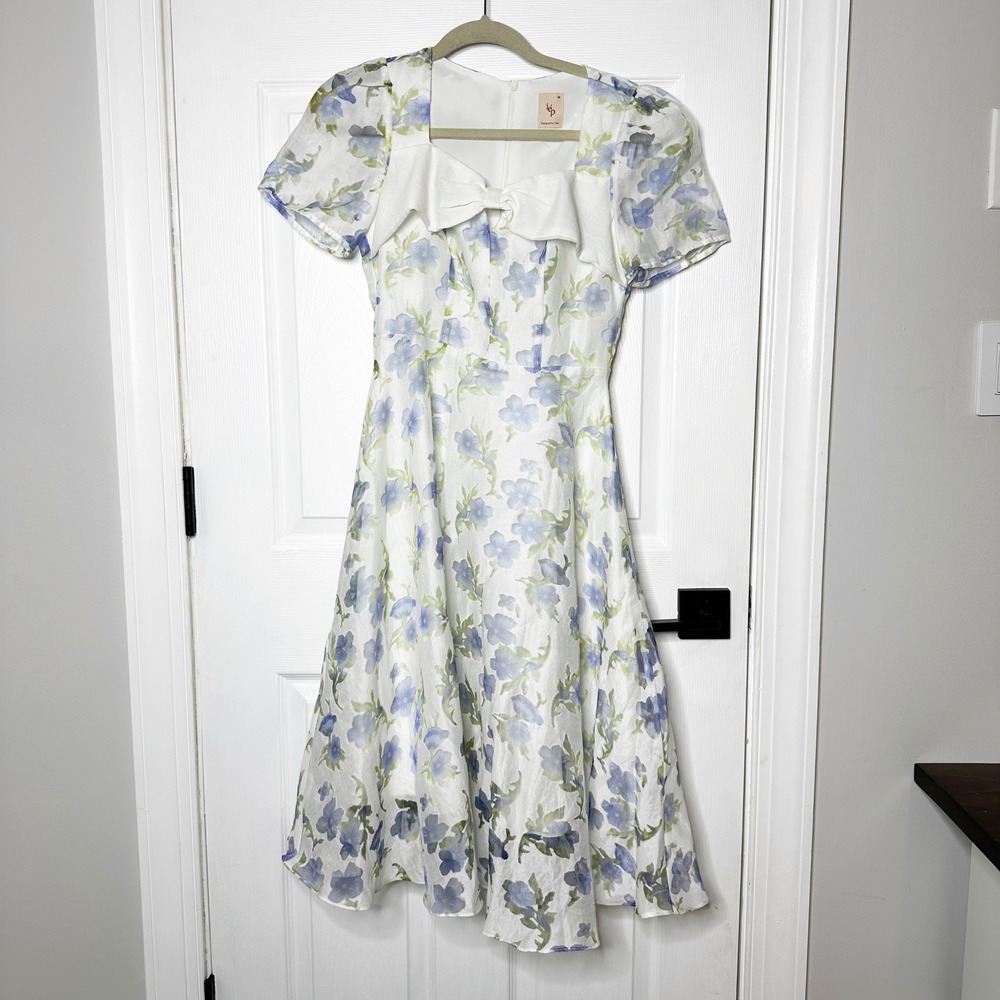 Lep‎ White Blue Floral Puff Sleeve Square Neck Bow Midi Dress Size M